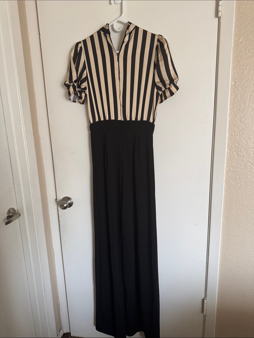 Fashion Nova Black and Cream Striped Tie-Neck Jumpsuit - Picture 4 of 5